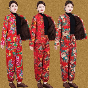 东北风大花加绒棉衣棉裤 女妈妈立领盘扣加厚保暖民族风演出服 套装