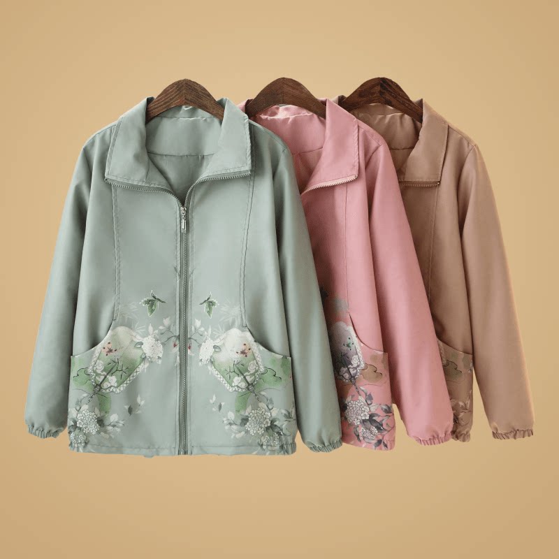 年轻妈妈春秋印花外套时尚夹克风衣中老年女春装薄款洋气女式上衣