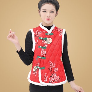 女冬季新款马甲加绒加厚坎肩花棉袄过年服保暖马夹无袖村姑小棉衣