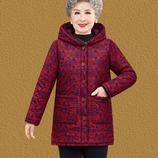 奶奶冬装中长款棉衣连帽中年人女洋气妈妈加绒棉服老太太特厚棉袄