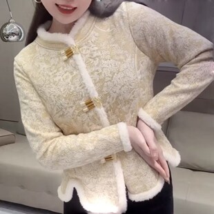 新中式复古风毛领盘扣外套女中年人修身加绒保暖衬衣时尚妈妈冬装