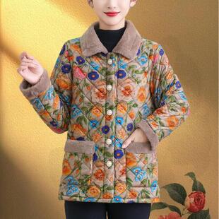中老年女装妈妈装小棉袄花色洋气加绒加厚棉衣短款网红款加棉外套