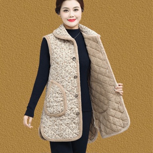 碎花马甲翻领外穿保暖外套 新款 中老年人女装 加绒加厚马夹妈妈冬装