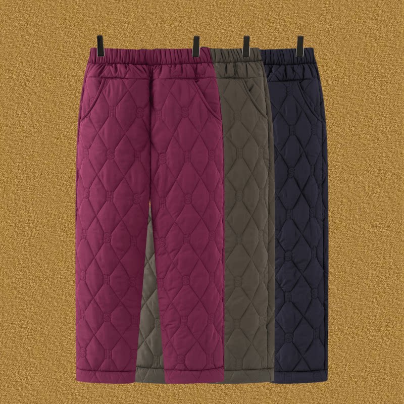 冬季夹棉加厚菱格纹棉裤中老年女高腰直筒保暖棉裤冬季外穿休闲裤