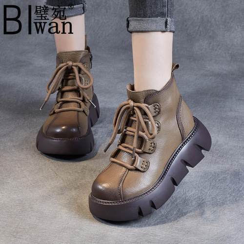 秋冬真皮加绒松糕厚底马丁靴女鞋