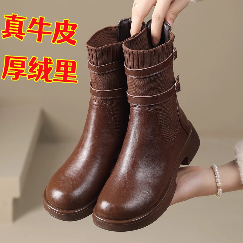 秋冬真皮弹力袜马丁靴靴女加绒鞋