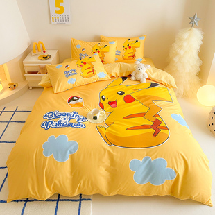 定做0.9m1.35米宝可梦卡通被套 皮卡丘儿童三四件套纯棉全棉床笠款
