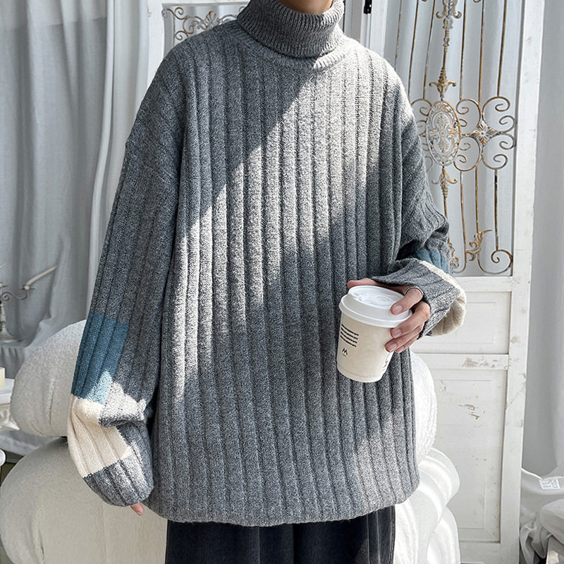 港仔风拼接高领粗毛线针织衫港风男士大码套头针织衫冬季帅气外套
