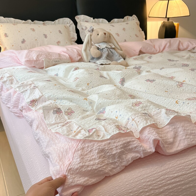 ins韩版公主风花边款四件套水洗棉双层纱床单被套学生宿舍三件套