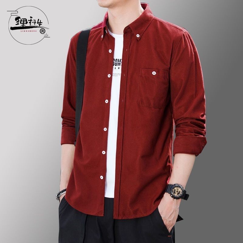 春秋款灯芯绒长袖修身衬衫韩版潮流中青年商务休闲白色衬衣