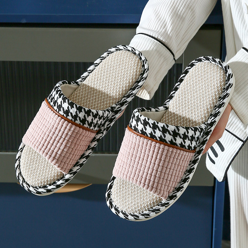 洁丽雅亚麻拖鞋女四季情侣室内家用待客防滑春秋棉麻布拖鞋男露趾
