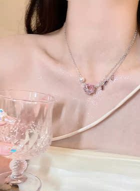 冰透粉色爱心锆石拼接项链女轻奢