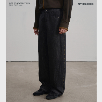 NYHSUGOO/南乙秋季复古成衣酵洗320G明线水洗3878男士牛仔裤