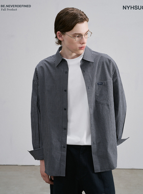 南乙NYHSUGOO四十支高密全棉灰白格长袖衬衫男秋季新衬衣外套3762
