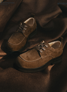NYHSUGOO/南乙咖色方头全真皮德比鞋老钱风复古男士3829休闲皮鞋