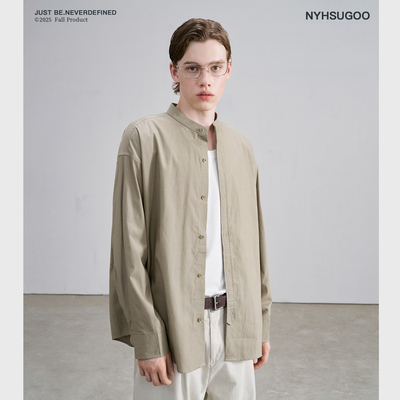 [清仓]南乙NYHSUGOO莱赛尔长袖衬衫男2025秋宽松休闲立领衬衣3713