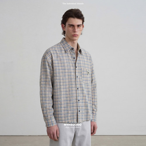 NYHSUGOO/南乙100%棉6色混纺面料撞色格子拼接衬衫25189男士春夏