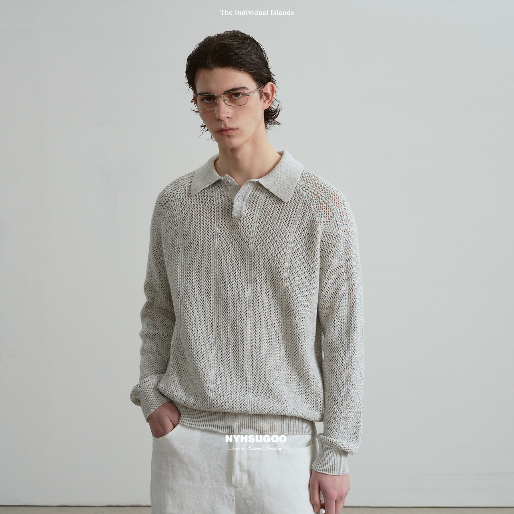 NYHSUGOO/南乙32支透气网孔织法半套头毛衣15149男士春季针织衫