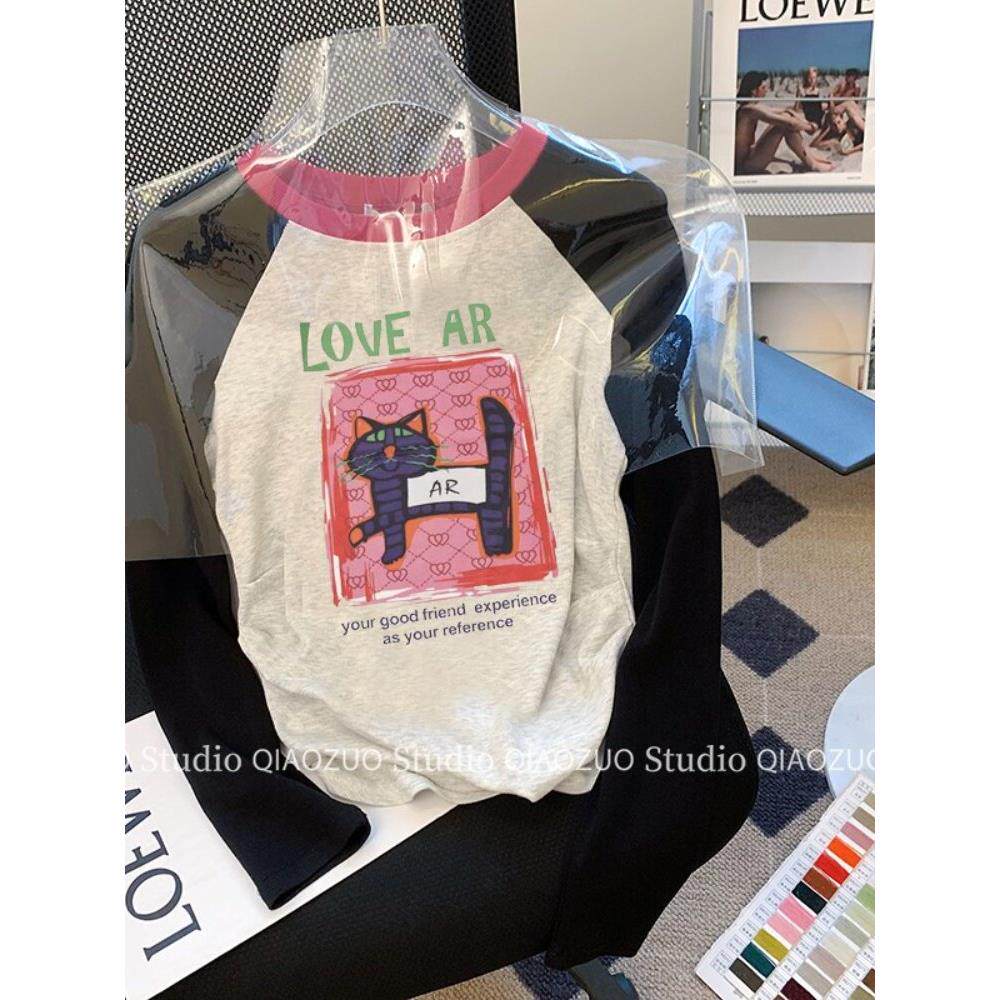 拼接猫Raglan长袖女式t恤2025春秋季新款修身短款纯棉底衬衫上衣