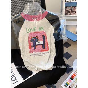 拼接猫Raglan长袖女式t恤2025春秋季新款修身短款纯棉底衬衫上衣