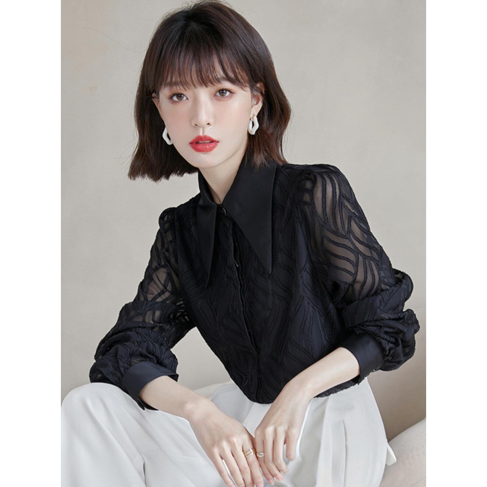 黑色长袖衬衫女2025春季新款时尚气质衬衣高档镂空洋气雪纺上衣