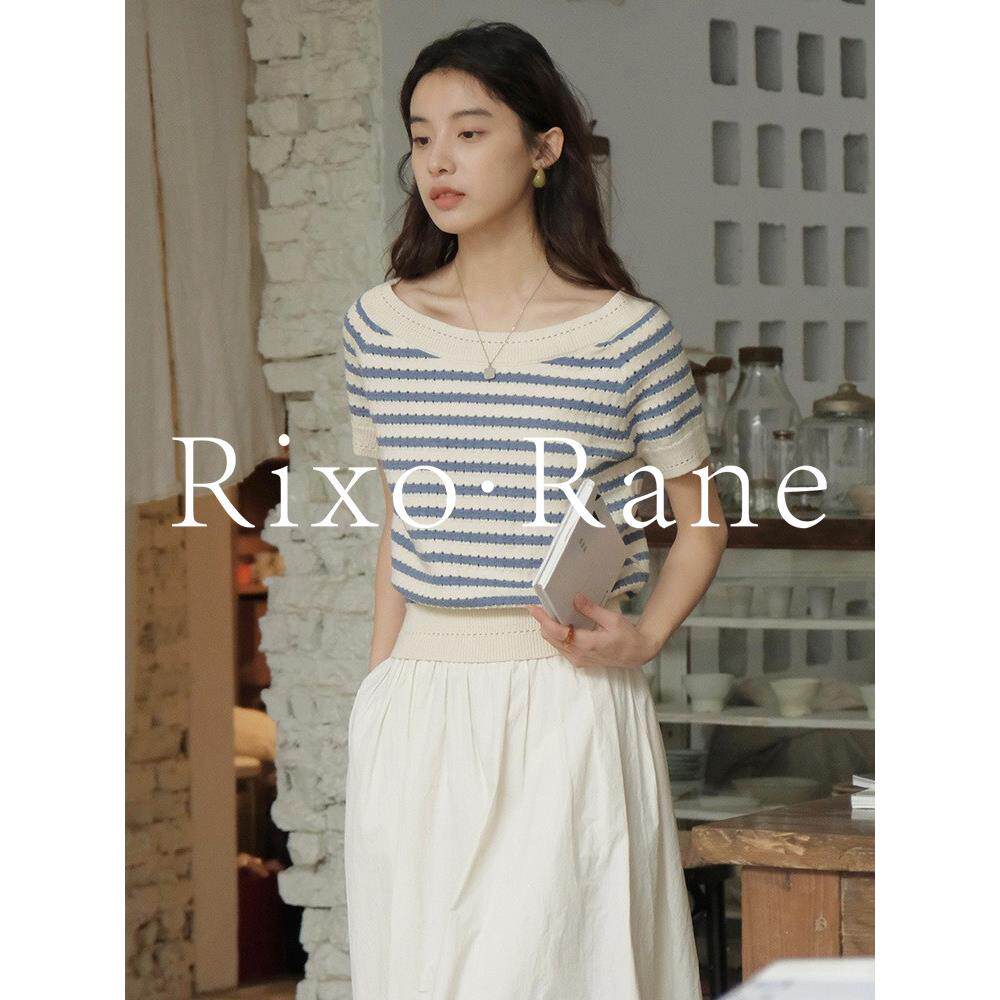 法国Rixo Rane美到窒息⭐单肩条纹右肩短袖t恤女式冰丝针织上衣
