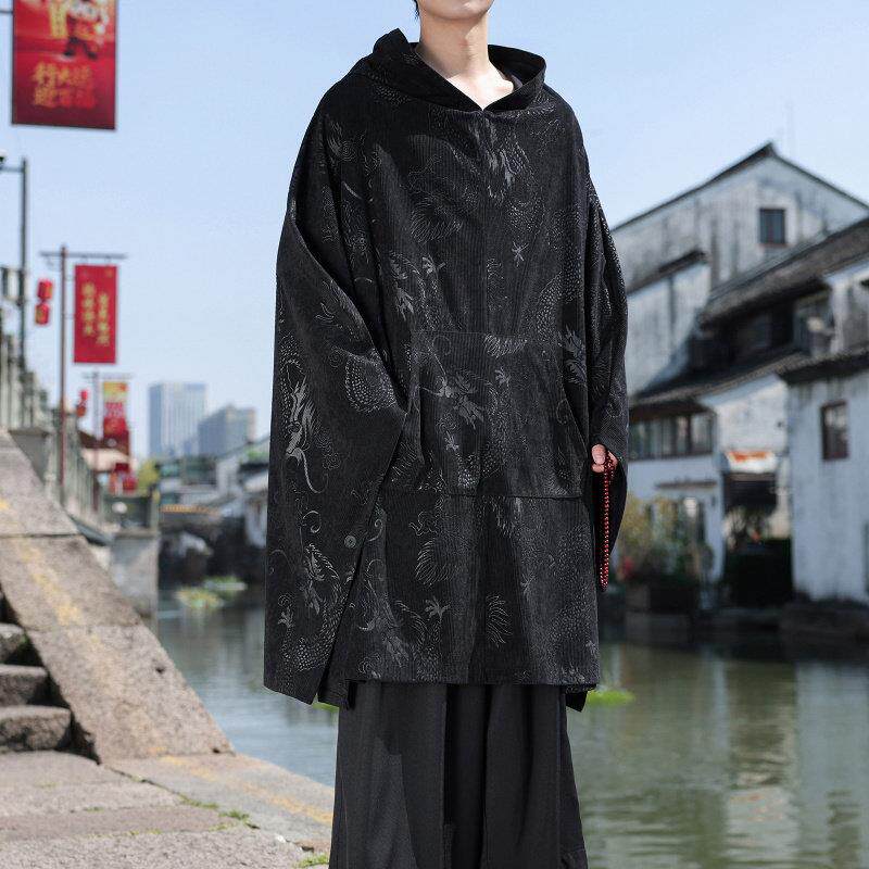 コーデュロイの潮牌男装禅修太极服大码斗篷套头披风中长袍厚外套