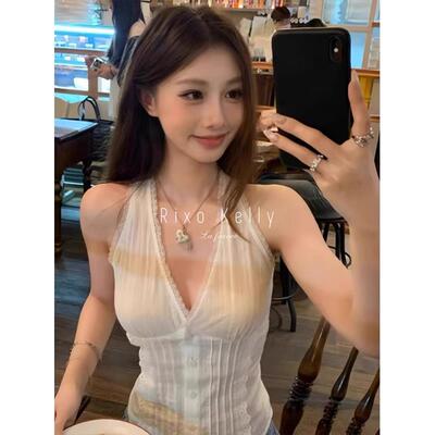 Rixo Kelly性感蕾丝v领背心女性夏季纯色风格腰带无袖上衣