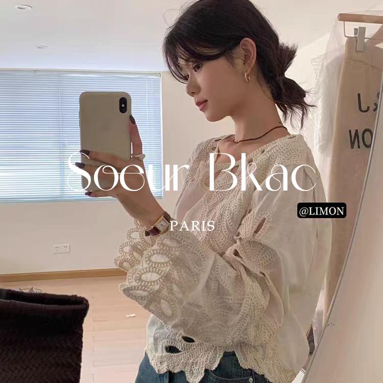 法国SOEUR BKAC法式杏色设计感秋季镂空刺绣衬衫百搭露肩上衣女