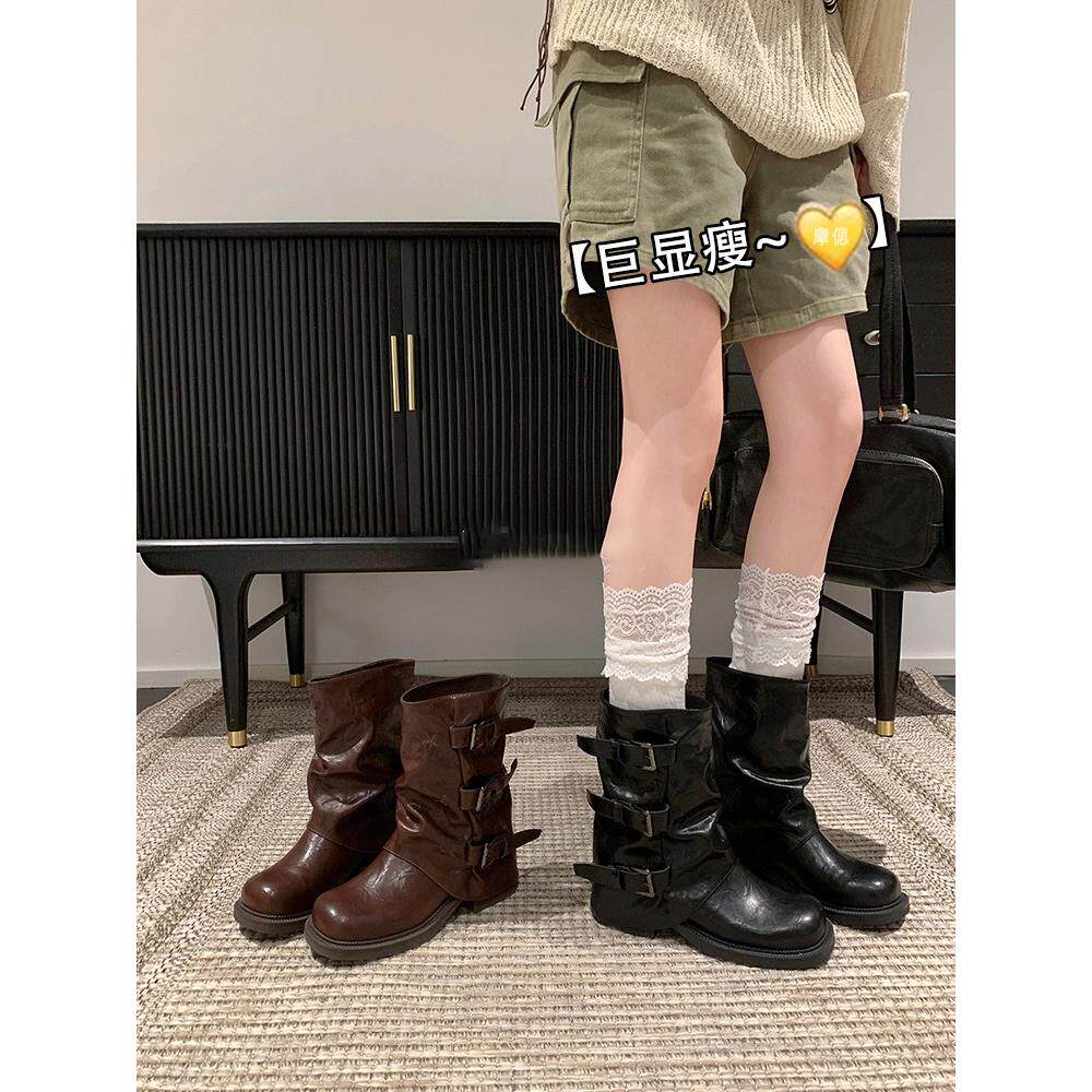 覆古厚底皮带扣褶皱中筒靴女秋季新款西部牛仔短靴子马丁靴裤管靴
