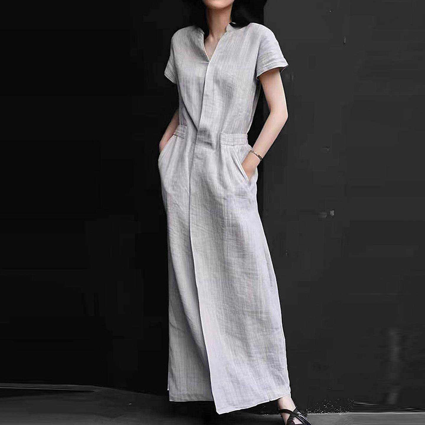 GIFISHLOW香港轻奢高端棉麻连体女春夏气质收显瘦短袖时尚连衣裙