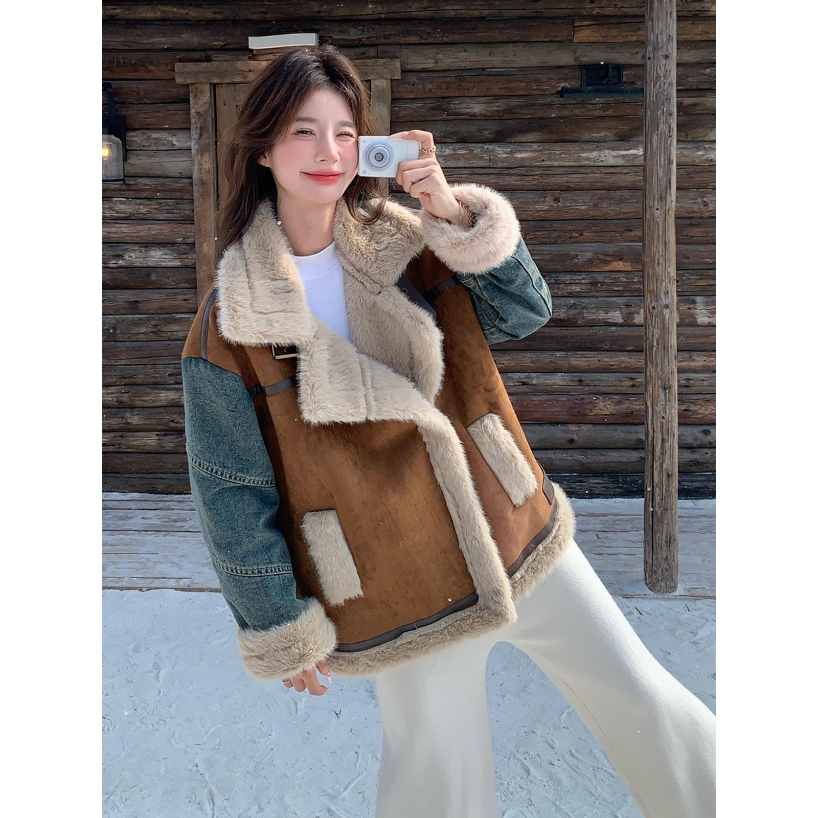 牛仔拼接皮毛一体毛绒外套女冬2025新款设计感加厚保暖羊羔毛棉服