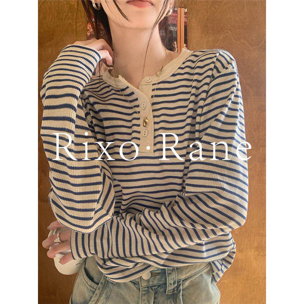 法国Rixo Rane半开领条纹长袖t恤女设计感宽松内搭气质打底衫上衣