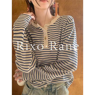 法国Rixo Rane半开领条纹长袖t恤女设计感宽松内搭气质打底衫上衣