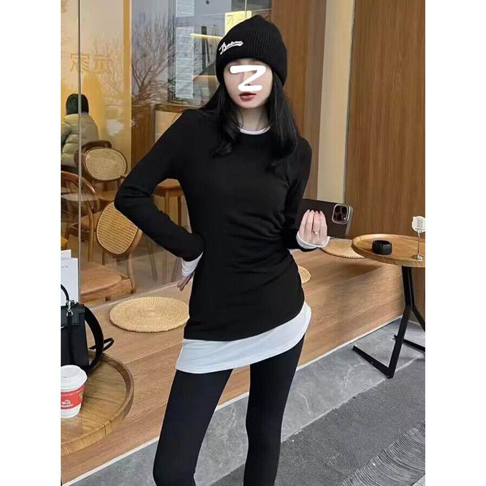 假两件长袖T恤女春秋冬2025新款中长版遮屁股内搭褶皱收腰打底衫