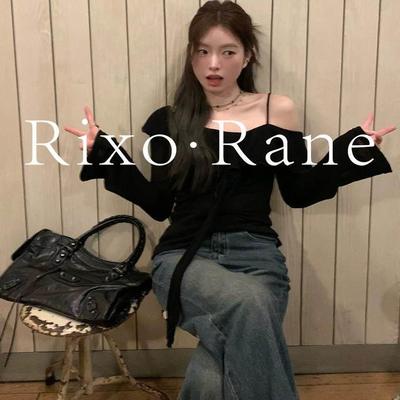 法国Rixo Rane法式黑色一字肩长袖针织衫t恤女设计感露肩吊带上衣