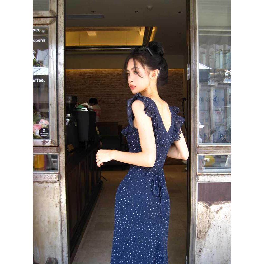 DOEN MOCY法式1/4吋套筒扳手袖波点碎花洋装女茶歇收腰显瘦荷叶边