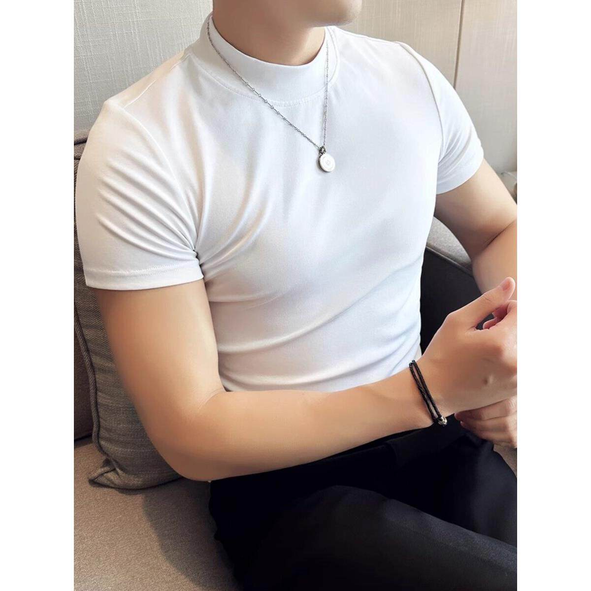 纯棉短袖T恤男士休闲紧身潮流修身半高领打底衫韩版弹力中领半袖