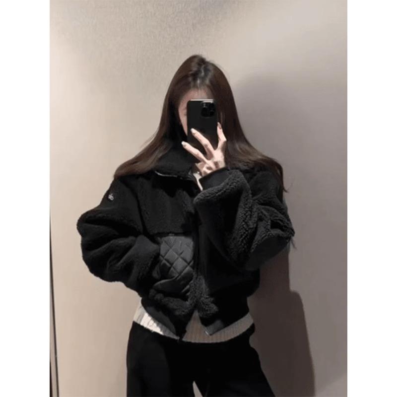 Rixo kiss黑色拼接翻领棉服外套女秋冬新款小个子宽松短款棉衣厚