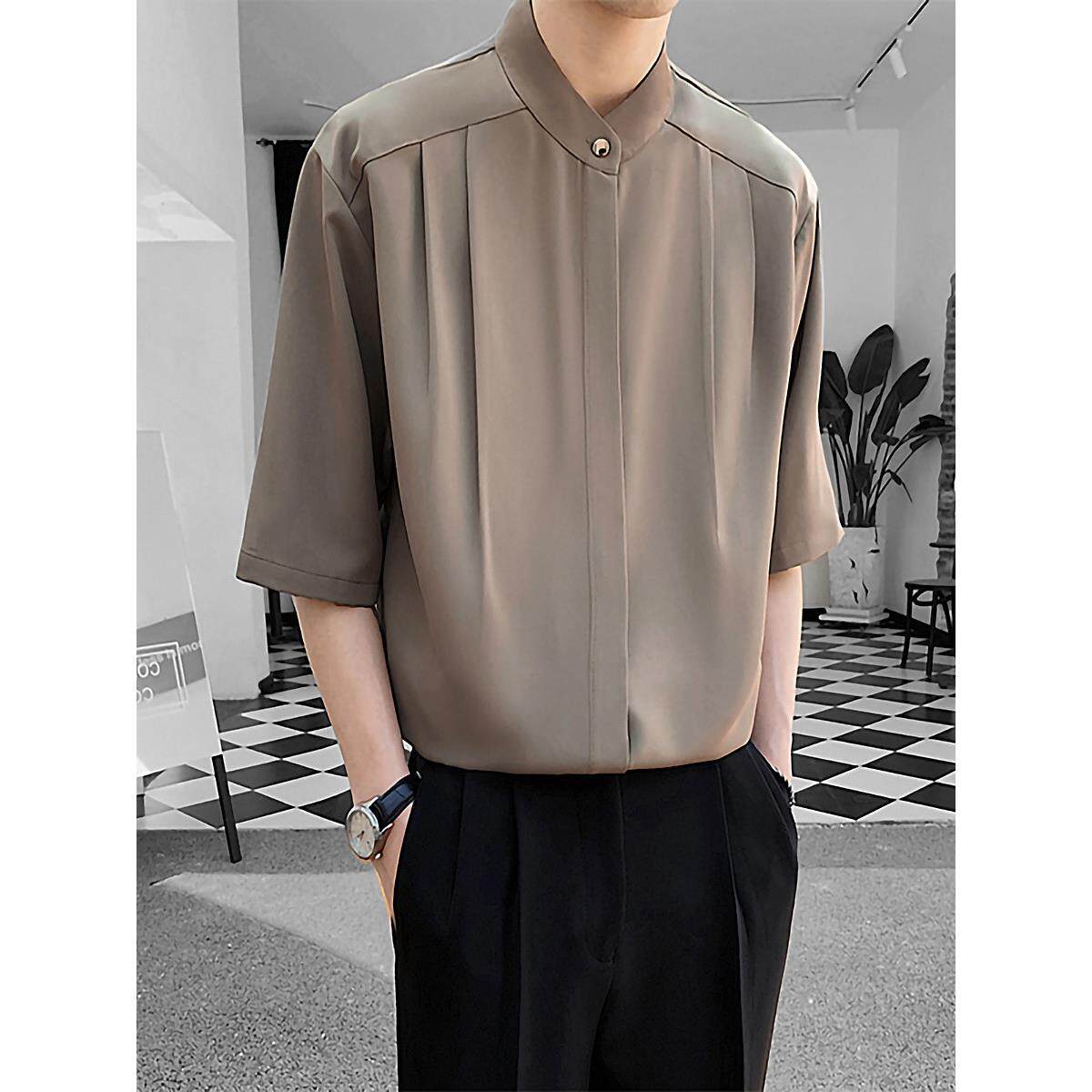 GIFISHLOW香港轻奢2025新款立领衬衫男中国风高级感无领短袖衬衣