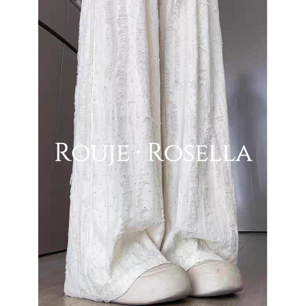 法国Rouje Rosella⭐高腰垂感慵懒感闪钻破洞直筒裤女冰丝阔腿裤