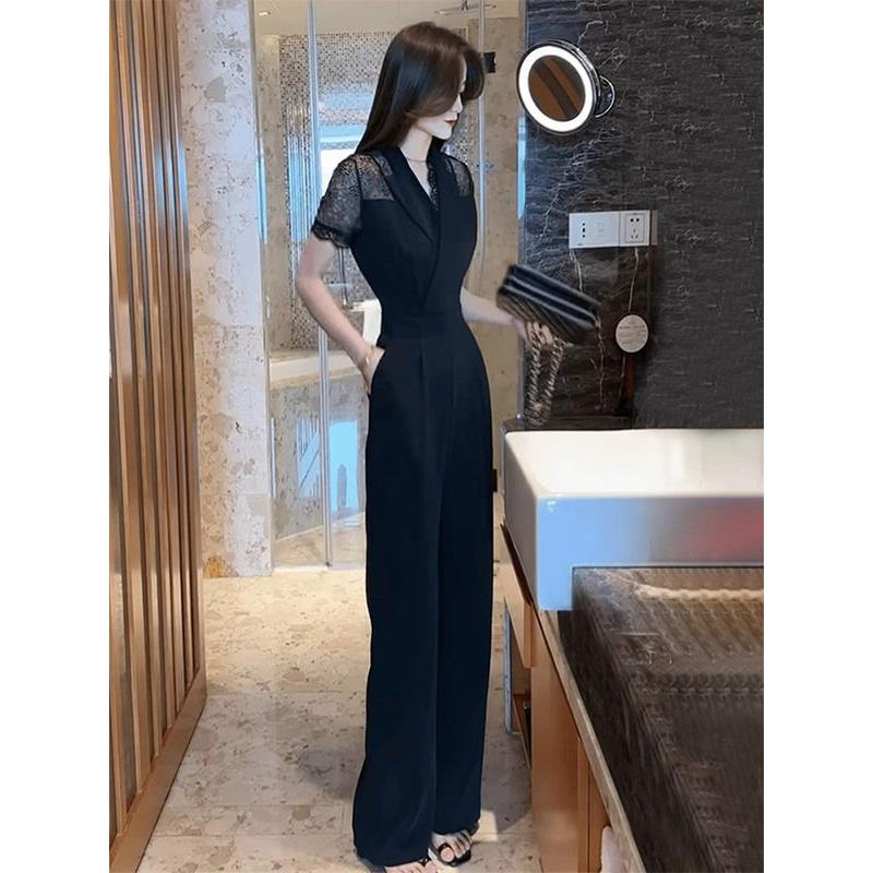 黑色V领蕾丝拼接连衣裤女夏季欧货新款时尚修身显瘦短袖连体长裤
