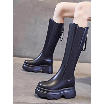 纪诗哲真皮长筒靴女2025新款秋冬加绒马丁靴内增高9cm骑士时装靴
