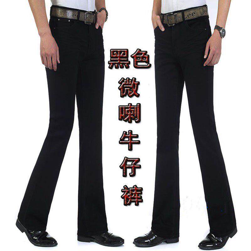 新品秋冬纯黑色男士喇叭裤男款弹力修身长裤时尚微喇叭牛仔裤