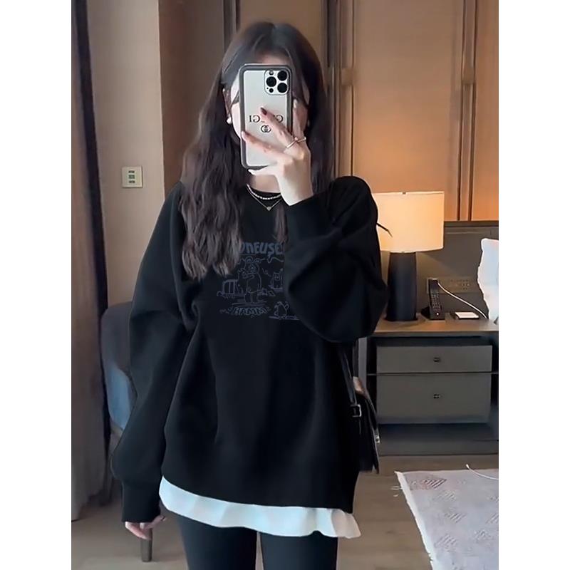 欧洲站假两件拼接黑色卫衣女2025新款春秋冬加绒加厚宽松长袖上衣