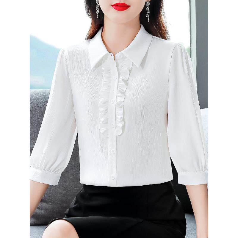 高级感真丝长袖衬衫女2025秋新款时尚气质白色七分袖上衣雪纺衬衣