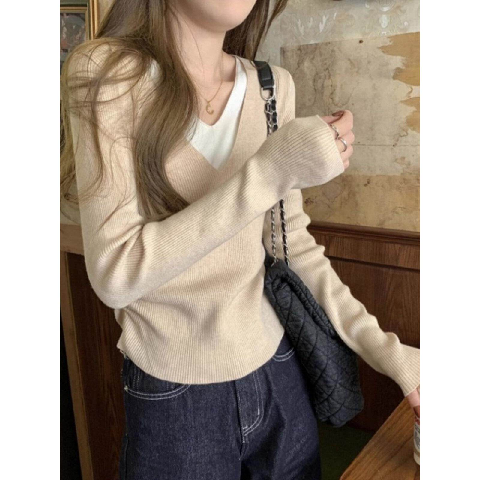 LL男装假两件针织打底衫女秋冬季内搭设计感小众修身显瘦长袖上衣