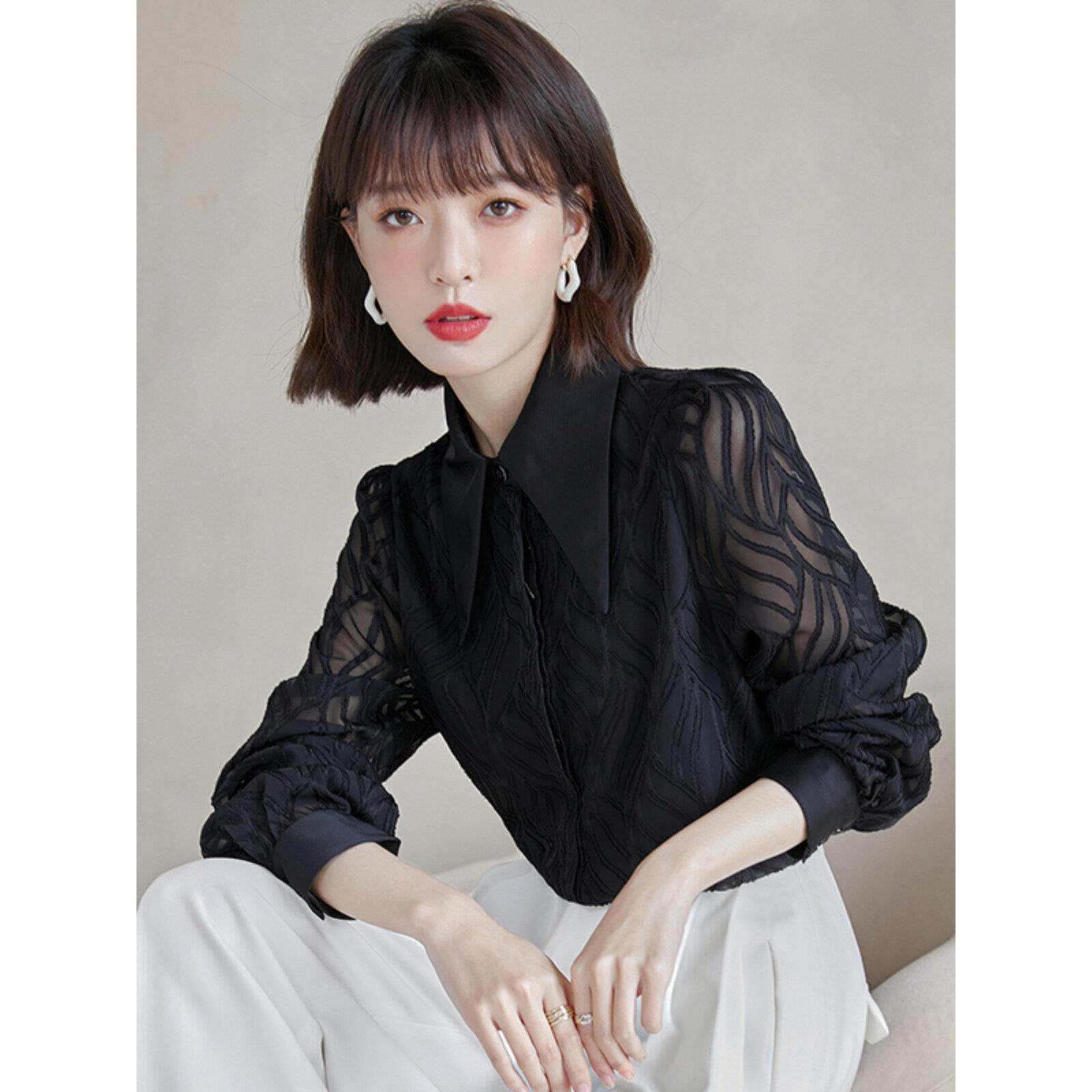 黑色长袖衬衫女2025春季新款时尚气质衬衣高档镂空洋气雪纺上衣