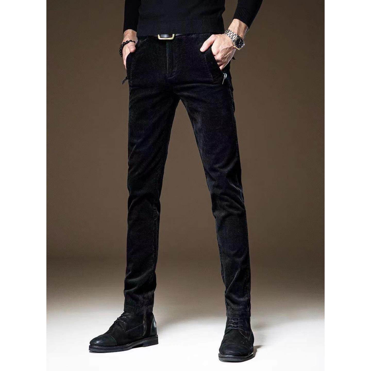 灯芯绒休闲裤男春秋韩版潮流加绒黑色修身小脚百搭弹力男士长裤子