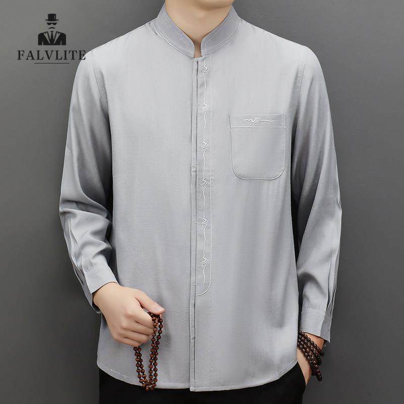 FALVLITE2025春秋薄款纯色新中式立领衬衫中国风唐装男士亚麻上衣,男装,唐装,淘宝优惠券,粉丝福利购,淘宝优惠卷